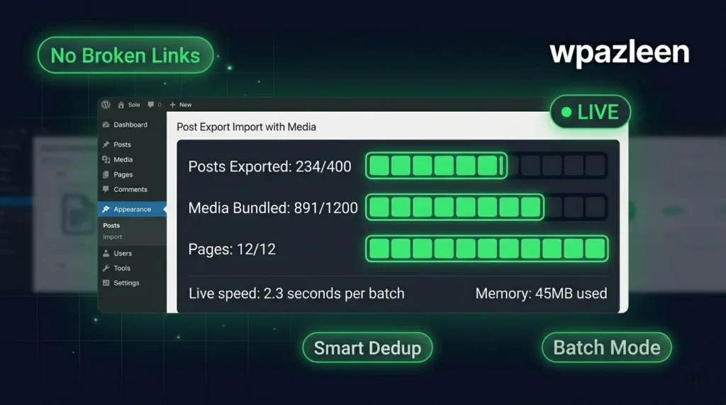 real-time migration progress dashboard in Post Export Import with Media WordPress plugin