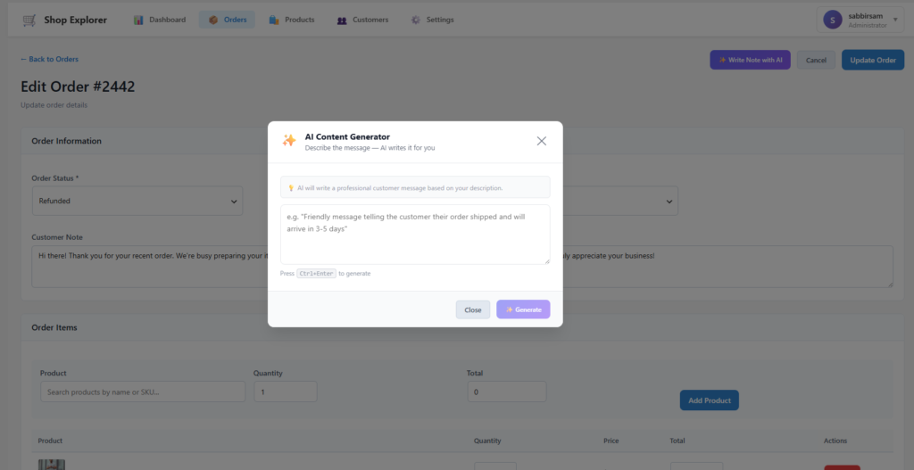 WooCommerce order page showing AI-generated customer note in Shop Explorer