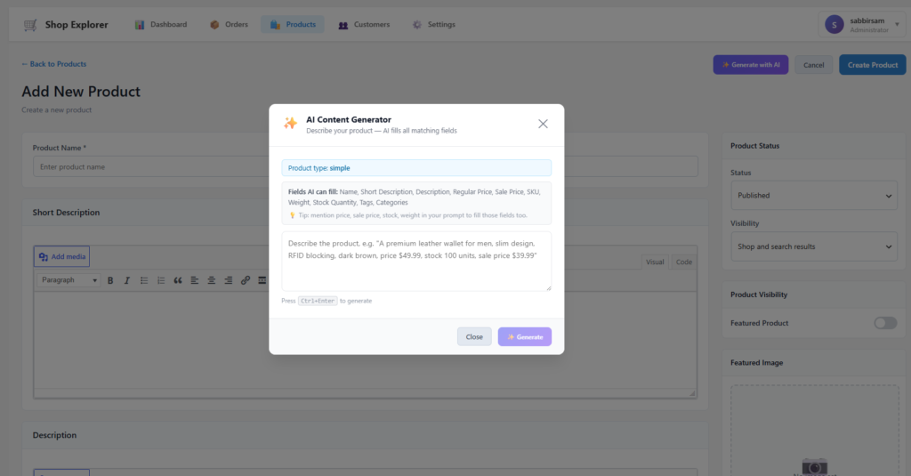 AI Content Generator modal in Shop Explorer with product prompt entered