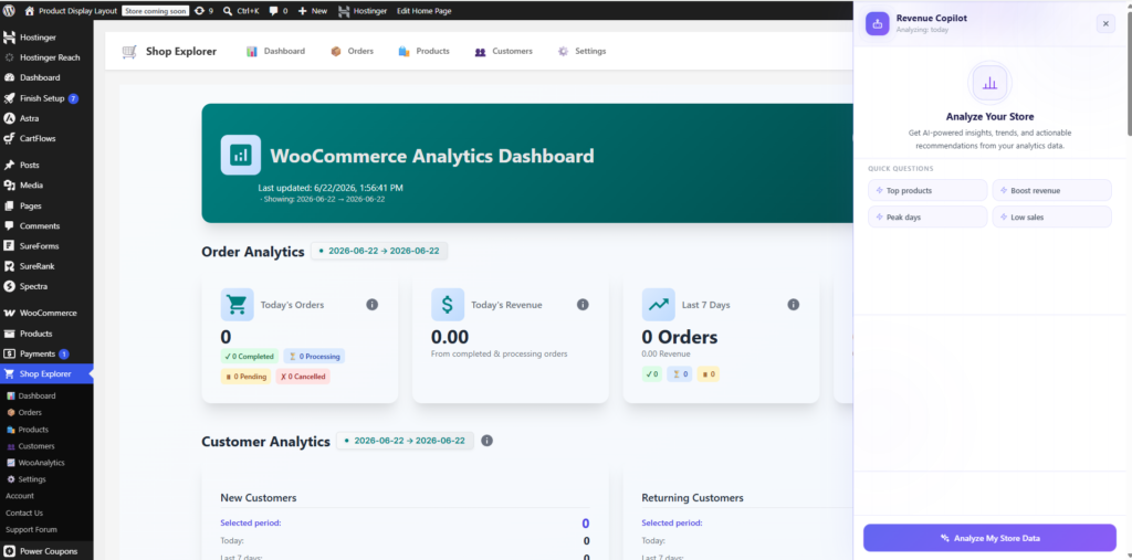 Shop Explorer Analytics dashboard showing revenue charts and store performance data