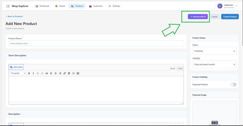 Shop Explorer Products page showing Generate with AI button in the product editor