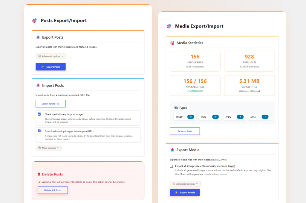 WordPress post export import plugin admin page screenshot