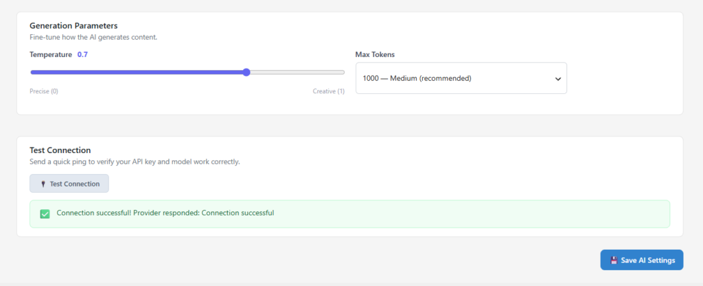 Shop Explorer AI connection success message after testing Gemini API key