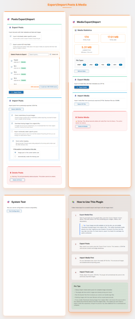 WordPress post export import plugin features dashboard screenshot