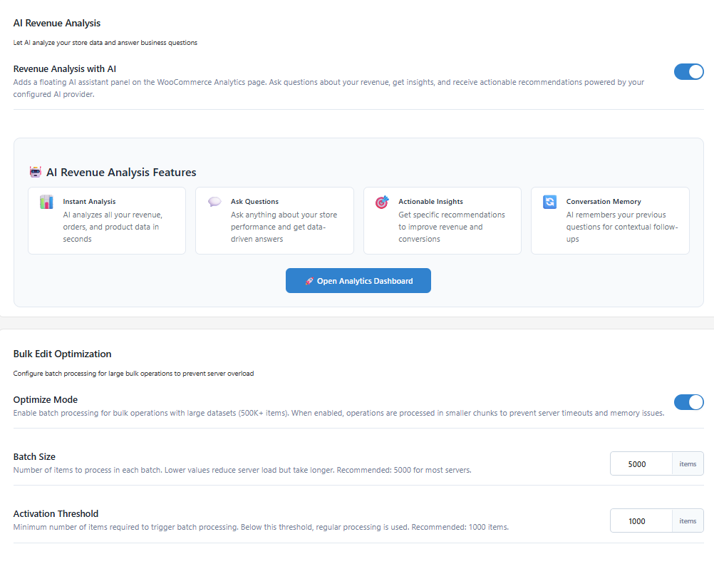 Shop Explorer Ecommerce tab with Analytics Tracking, AI Revenue Analysis, and Bulk Mode enabled