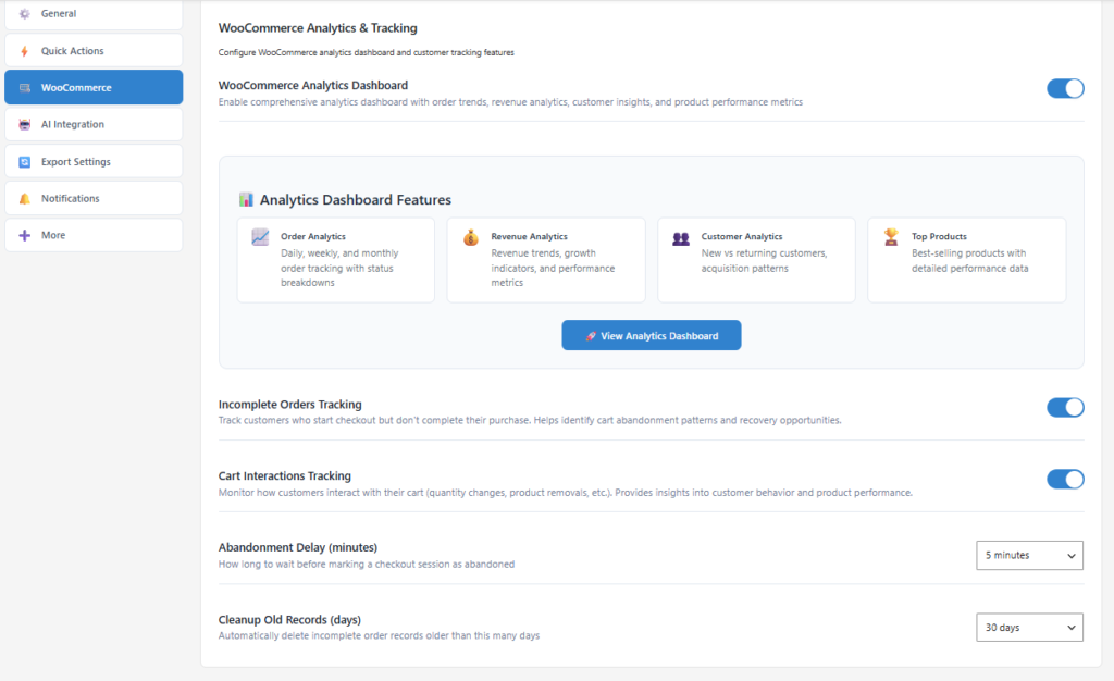 Shop Explorer Ecommerce tab with Analytics Tracking, AI Revenue Analysis, and Bulk Mode enabled