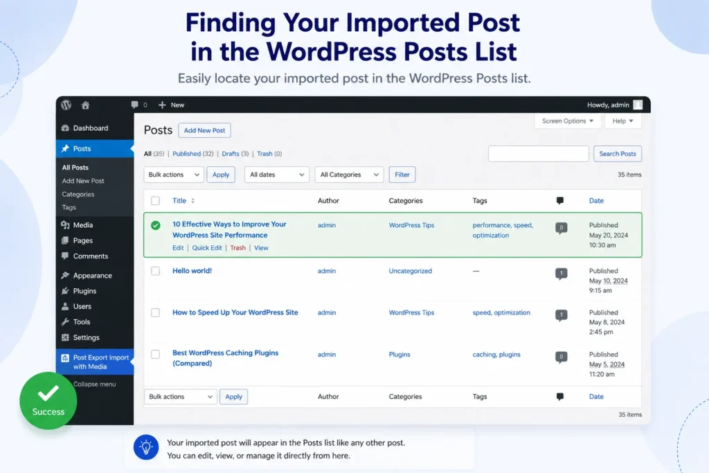 edit imported WordPress post in the Posts list screenshot