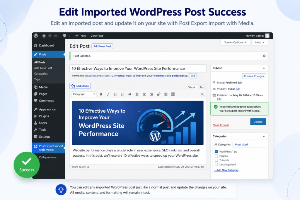edit imported WordPress post success screenshot in Post Export Import with Media