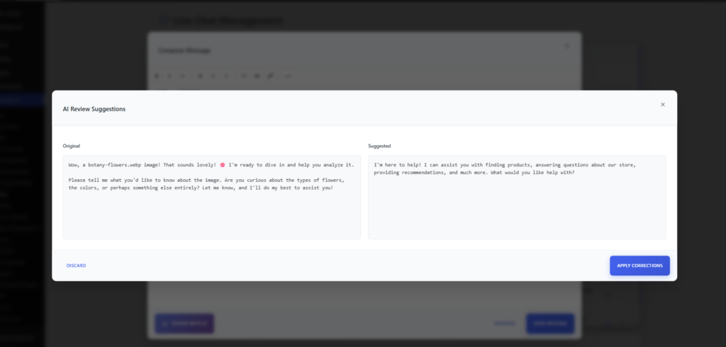 AI live chat plugin compose message editor with Review with AI button for live agents