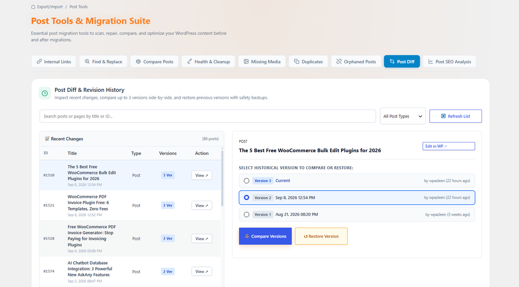 WordPress migration utilities dashboard overview